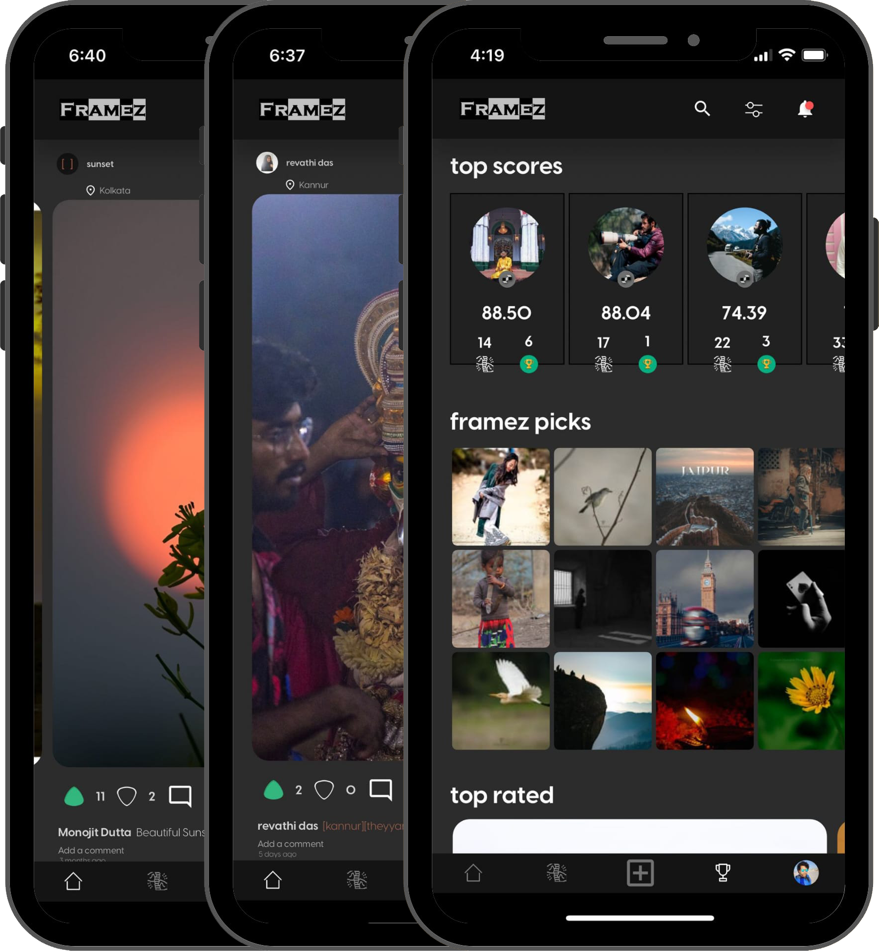 Framez App Interface showcasing photography contests and AI feedback